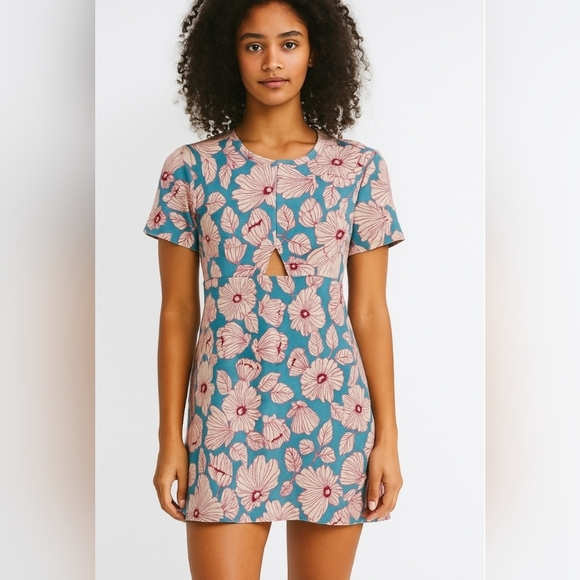 Zara Blue Pink Floral Mini Dress Bodycon Peep Size Medium - Picture 1 of 5